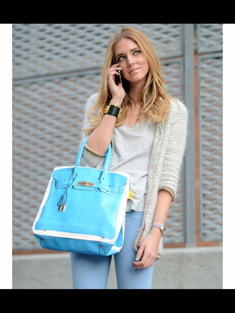Turquoise Blue Tote Bag with White Trim - Women's Fashion Bag
